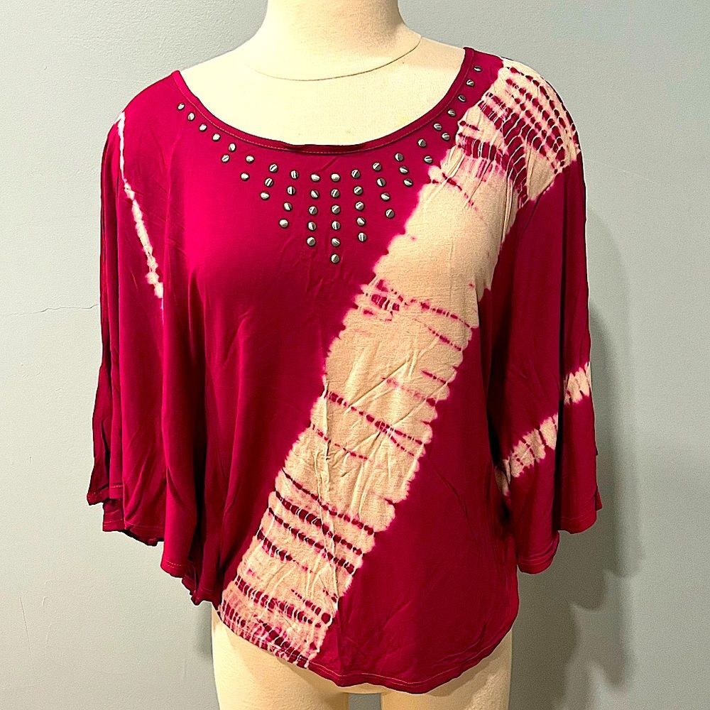 INC International Concepts Pink & White Tie Dye Studded Batwing Poncho Blouse XS